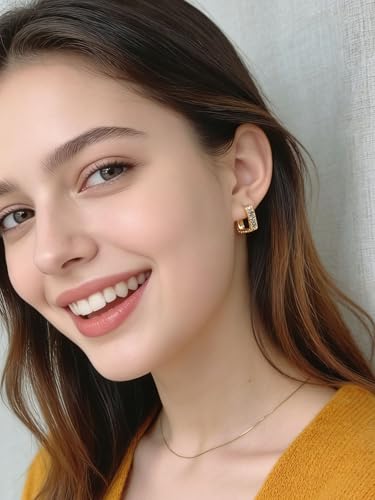 Small Hoop Earrings for Women Glitter Hoops Gold Plated with 925 Sterling Silver Post - style: Gold-square