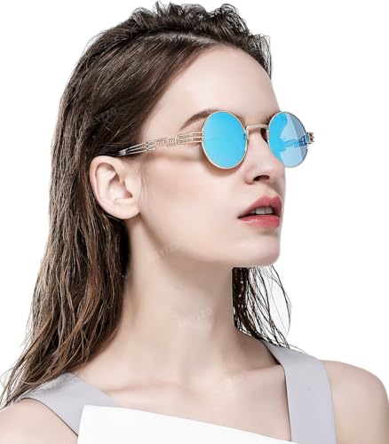AIEYEZO Round Steampunk Sunglasses for Men Women Retro Circle Hippie Glasses Metal Frame 100% UV Blocking Lens - color: 2 Pack (Gold/Blue Mirror, Gold/Red)
