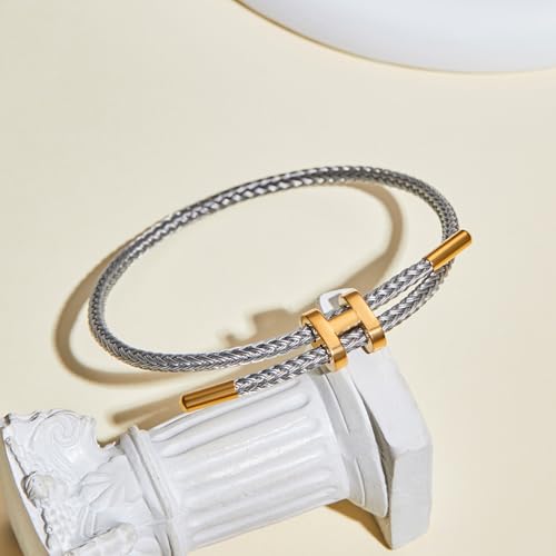 AIMADE Bracelets for Women Adjustable Charm Bracelet, 18k Gold-plated Buckle Design Titanium Steel Wire Rope Women's Gift Jewelry - color: silver