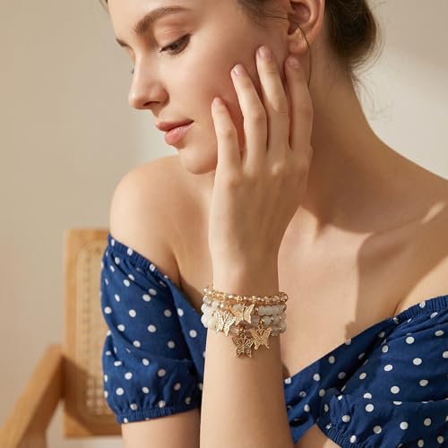 Bohemian Bracelet Sets for Women - 4-Pack Stackable Stretch Bead Bracelets with Black＆White Crystal & Gold Accessories, Multi-Layer Boho Jewelry - color: white butterfly
