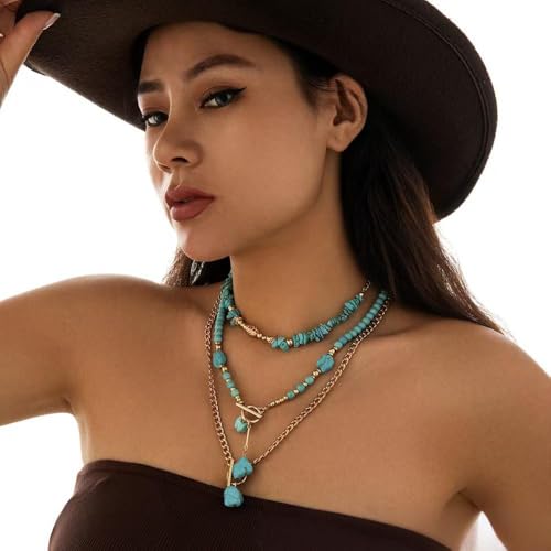 Gold Turquoise Beaded Necklace for Women Layered Bead Necklaces Vintage Turquoises Choker Necklace Boho Turquoises Jewelry Western Handmade Toggle Jewelry - color: 3PCS Turquoise Necklace