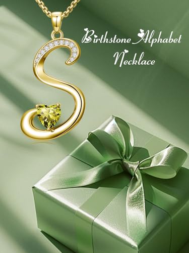 Birthday Gifts for Women 18k Gold Initial Necklaces for Women Simple Alphabets Letters with Birthstone Pendants Name Jewelry Anniversary Wedding Gifts for Sister Daughter Her (with Gift Box) - color: 08-Aug-Peridot, style: Letter S