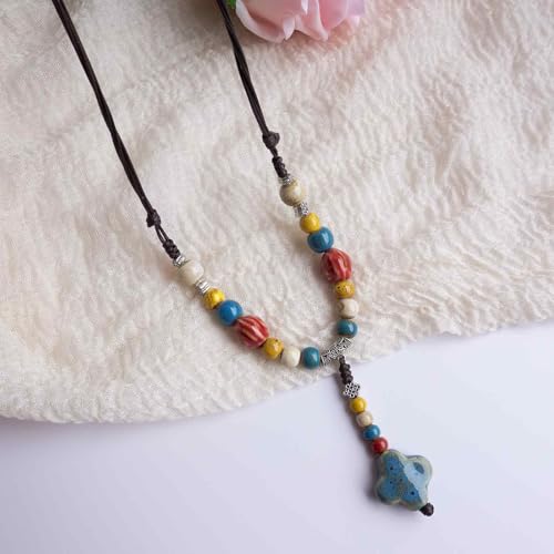 Adjustable Ceramic Beaded Necklace for Women, Boho Handmade Flower Pendant Necklace, Hippie Jewelry for Mom and Wife - color: Blue-Yellow-Red, style: Bohemian