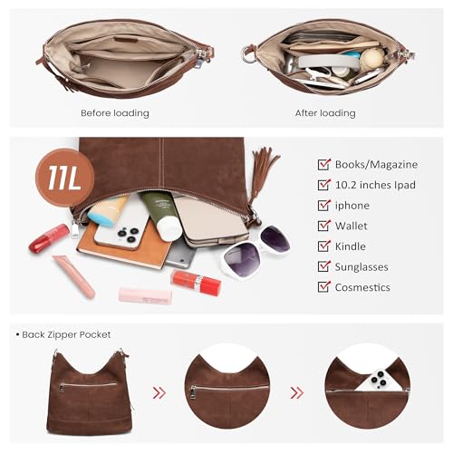 Genuine Leather Hobo Crossbody Bag for Women, Soft Real Leather Bucket, Shoulder Handbag Purse with 2 Removable Strap - color: Red Brown