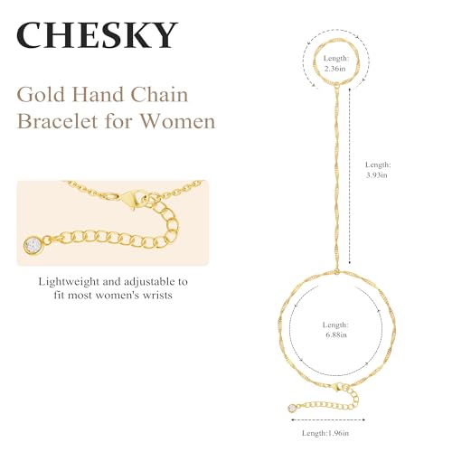 CHESKY 14k Gold Plated Hand Chain Bracelet for Women Trendy, Dainty Ring Bracelets Hand Chain Finger Nail Bracelet Simple Gold Hand Jewelry for Women Gifts - style: Wave