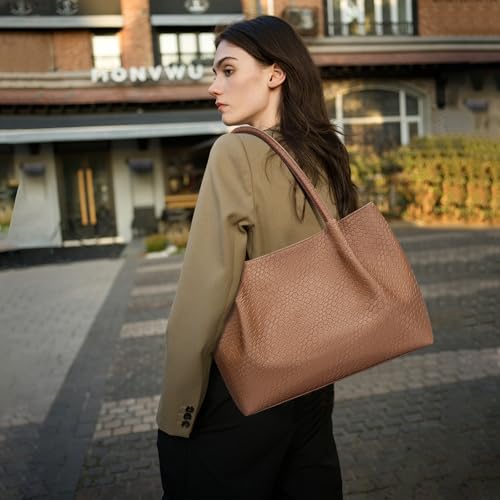 KKXIU Tote Bag for Women Vegan Leather Shoulder Purse Large Capacity Travel Bag - color: Brown02
