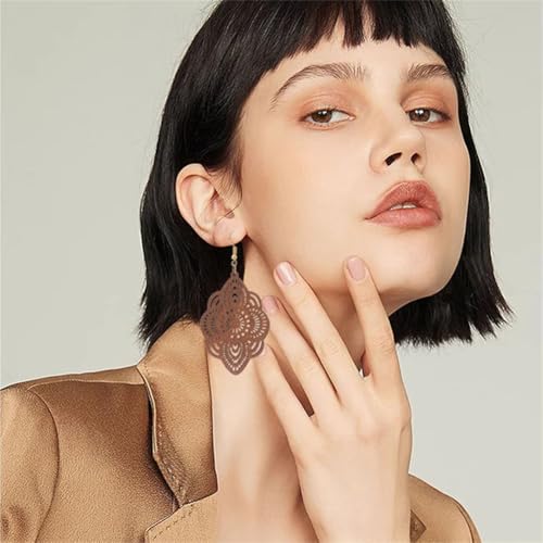 Bohemian Wood Earrings Natural Retro Lightweight Hollow Pattern Geometric Wooden Dangle Drop Earrings Statement Vintage Jewelry - color: Brown Earrings