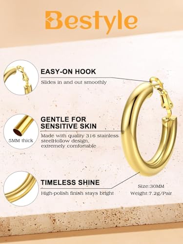 Bestyle 5mm Thick Gold Hoop Earrings Hypoallergenic Hoops for Sensitive Ears Trendy Lightweight Chunky Earrings for Women 30/40/60/80mm - color: 01-Gold, size: 30mm