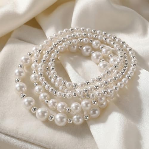 14K Gold Plated Beaded Bracelets Stack Set for Women,Stretch Boho Colorful Beads Ball Jewelry Friendship Summer Trendy - color: Silver pearl
