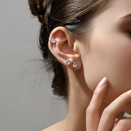 SEADAY 14K Gold Plated Hoop Stud Earrings for Women, Dainty Fashion Jewelry Accessories, Gifts for Women - color: Silver-3 Pairs
