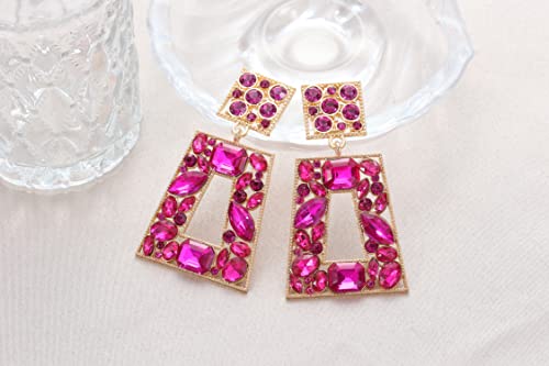 Rhinestone Rectangle Statement Earrings Colorful Crystal Geometric Drop Dangle Earrings for Women Prom Party - color: hot pink