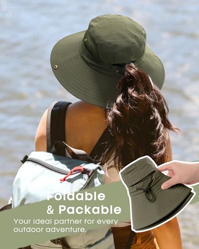 FURTALK Womens Sun Hat with Ponytail Hole Beach Hiking Summer Wide Brim UPF 50+ Outdoor Protection Foldable Bucket Hat - color: Green