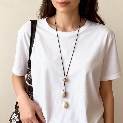 Boho Long Leather Necklace for Women Green Resin Stone Pendant Necklace Vintage Sweater Necklaces Hippie Handmade Necklaces Jewelry Accessories - color: Off-white