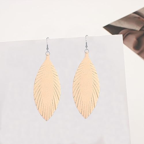 Large Genuine Soft leaf Leather Handmade Fringe Tassel Feather Lightweight Tear Drop Dangle Color Earrings for Women - color: Beige
