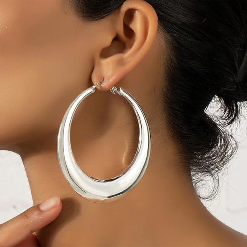 Chunky Gold Large Hoop Earrings for Women, Dainty 14K Gold Big Circle Round Statement Earrings Silver Trendy Thick Hoops Ear Jewelry for Anniversary - color: Silver