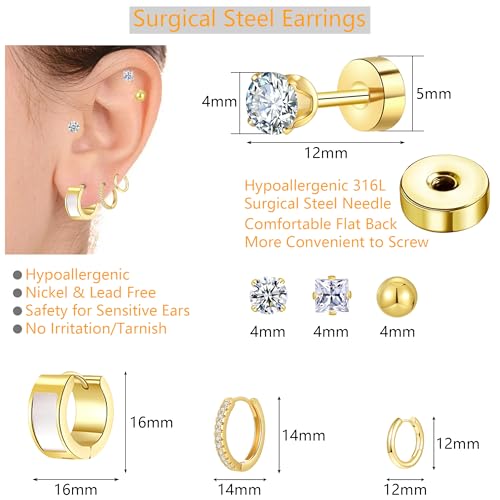 Silver Gold Plated Surgical Steel Flat Back Earrings for Women Hypoallergenic 14K Gold Plated Stud Huggie Earring Set Fashion Shell Cubic Zirconia Flatback Studs Cartilage Earrings Pack for Multiple Piercing 5/8Pairs - color: 6 Pairs Gold Plated Shell Hoo