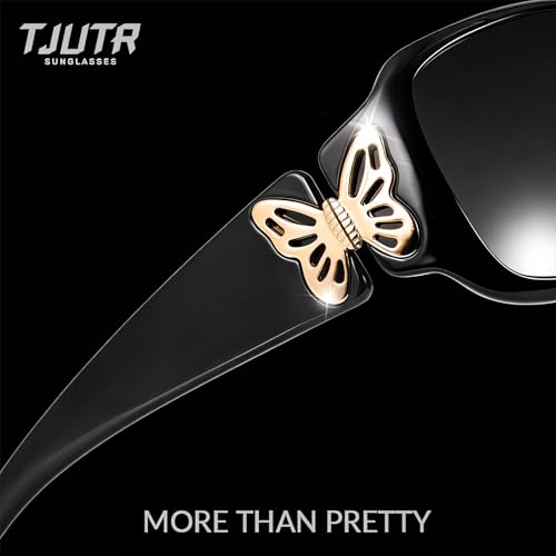 TJUTR Polarized Sunglasses for Women with Wrap Around Butterfly Design, Trendy Jackie-O Style for UV400 Protection - color: A1 Black Frame Grey Lenses