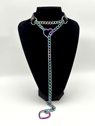 Black Leather Choker Collar For Women, Handmade Heart Slip Chain Choker Long Necklace with Adjustable Buckle - color: B-Black-Rainbow-Rainbow, size: 24''chain