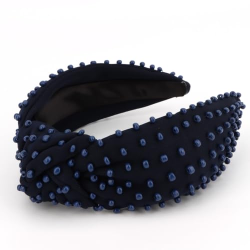 YISSION Navy Blue Dense Beaded Knotted Headband for Women, Wide Padded Top Knot Headband, Non Slip Comfortable Fashion Hairband for Daily Wear, Party, Wedding - color: Navy Blue