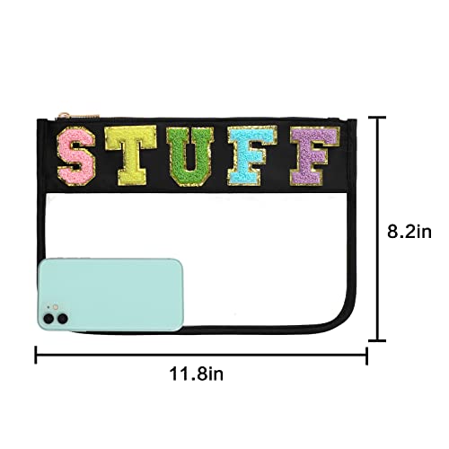 DYSHAYEN Chenille Letter Clear Zipper Pouch for Travel,Nylon Clear Cosmetic Bag,Makeup Travel Bag for Women Girls 11.8 Inches x 8.2 Inches - color: Black-Stuff