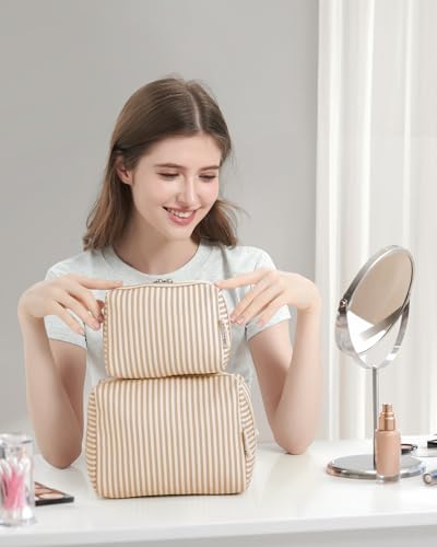 Narwey Small Striped Makeup Bag for Purse Mini Cosmetic Bag Travel Makeup Pouch Zipper Pouch Cute Make up Bags with Compartments for Women Girls (Brown Stripe, Small) - color: A-Brown Stripe, style: Small