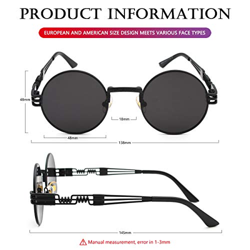 AIEYEZO Round Steampunk Sunglasses for Men Women Retro Circle Hippie Glasses Metal Frame 100% UV Blocking Lens - color: Black/Grey