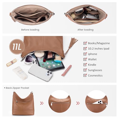 Genuine Leather Hobo Crossbody Bag for Women, Soft Real Leather Bucket, Shoulder Handbag Purse with 2 Removable Strap - color: Mocha