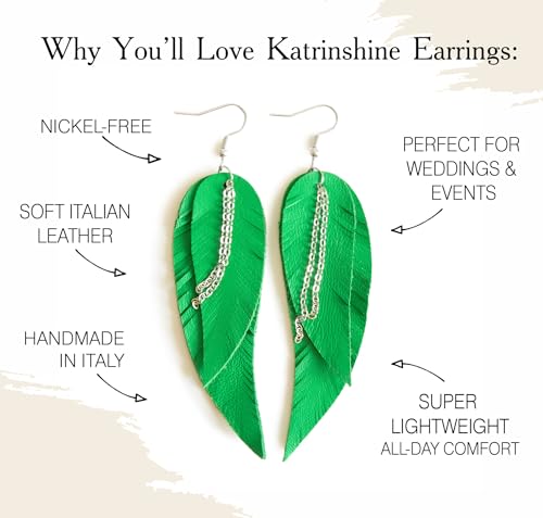 Black shiny Leather Feather Earrings for Women, Lightweight Minimal Boho Dangle Earrings, Small Simple Everyday Jewelry - color: green