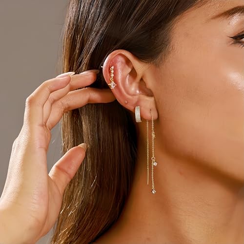 Trendy Zircon Tassel Chain Threader Earrings Set for Women Chain Dangle Earrings Dainty Rhinestone Hoop Earrings Set for Women Stack Jewelry Long Drop Ear Line - color: Gold-one ear-B