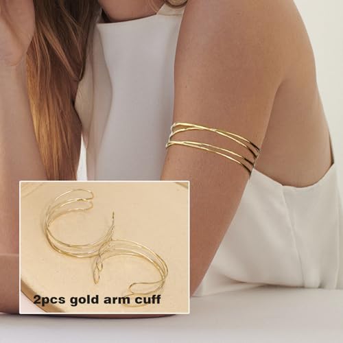 BOMAIL 2Pcs Gold Arm Cuff Bracelets Set for Women | Open Adjustable, large Upper Arm Bangles, Coil Swirl Armlet,Ren Faire Armband,Minimalist ,Goddess - style: B Style