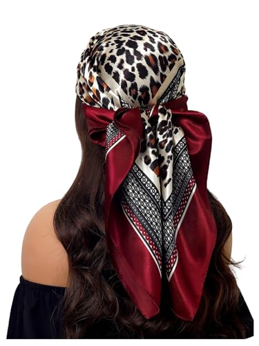 RoseSeek Women's Cheetah Print Silk Head Scarf Leopard Satin Rave Hair Scarf Headband Square Scarves - color: Burgundy