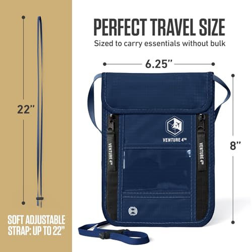 VENTURE 4TH Neck Wallet – RFID Blocking Passport Holder for Travel, Hidden Passport Wallet, Concealed Travel Wallet for Women, Men & Family (Navy Blue) - color: Navy Blue