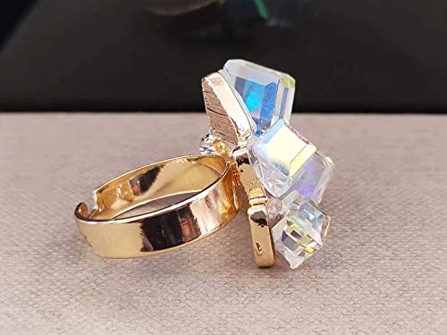 Hebelee Boho Square Crystal Statement Ring for Women Gold-Toned Adjustable Expandable Promise Engagement Geometric Rings Comfort Fit Elegant Art Deco Birthday Christmas Cocktail Party Y2K Jewelry - color: AB Crystal