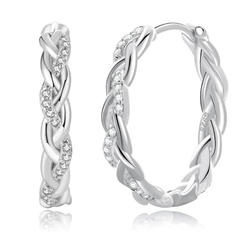 PABBEU Sterling Silver Hoop Earrings,Hypoallergenic Twisted Silver Hoops Earrings for Women Lightweight SilverHoop Earring with Cubic Zirconia (15/20/25/30MM) - color: 15mm Silver
