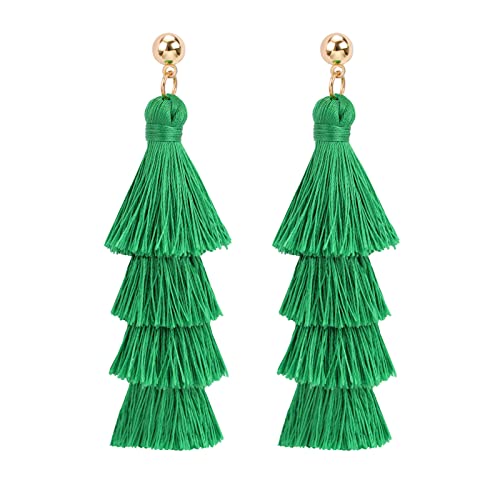 BaubleStar Tassel Earrings Handmade Tiered Thread Tassel Dangle Earrings, Multi Colors - color: Forest Green