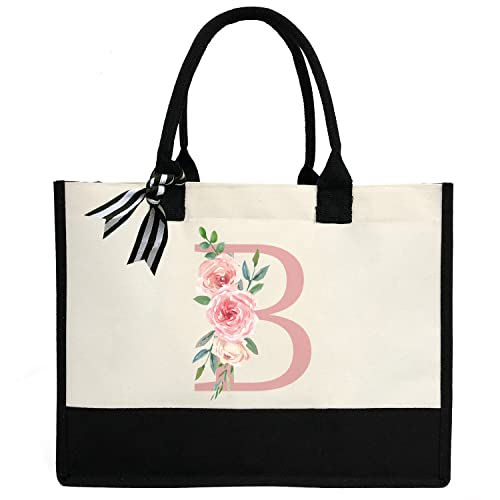 Initial Canvas Tote Bag for Women, Beach Bag with Inner Zipper Pocket Personalized Gifts for Wedding, Birthday | Initial - color: B