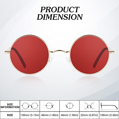 Round Polarized Sunglasses Men Women,Retro Metal Hippie Shades with 100% UV Protection - color: A07- Golden Frame Red Lens