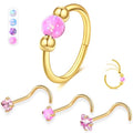 Opal Nose Ring Studs Horseshoe Nose Rings Hoops Stud 316L Stainless Steel Nose Rings Round CZ Square Screw L Shaped Nose Stud Hypoallergenic Nostril Piercing Jewelry for Women Men - color: Gold/Pink gem/18g 10mm hoop/Screw Studs