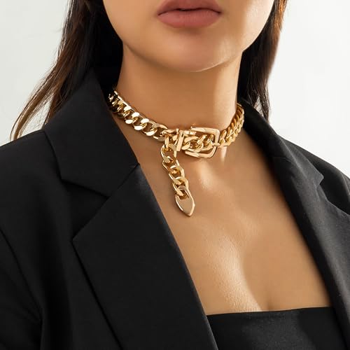 Chunky Chain Necklaces Women Statement Collar Necklace Gold Flat Snake Chain Choker Ribbed Design for Party, Dress Jewelry Gifts - color: B4:Gold Necklace