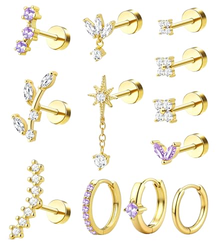 ORAZIO 16 Gauge Cartilage Earrings for Women Flat Back Hypoallergenic Surgical Steel Small Flatback Stud Hoop Cartilage Earring Stack Set Daith Conch Tragus Helix Piercing Jewelry Single PC - color: 14K Gold Plated +Purple CZ