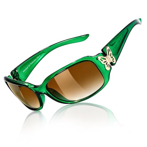 TJUTR Polarized Sunglasses for Women with Wrap Around Butterfly Design, Trendy Jackie-O Style for UV400 Protection - color: A73 Emerald Frame Gradient Brown Lenses