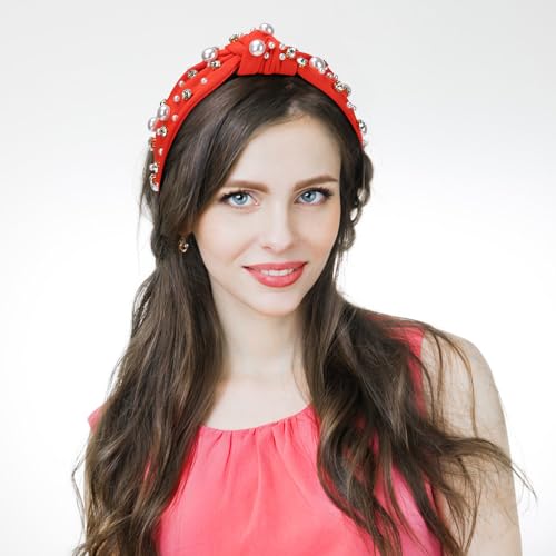 WantGor Pearl Knotted Headband, Women Rhinestone Embellished Hairband Elegant Wide Top Knot Bride Headbands Headpieces Party Fashion Elegant Ladies Hair Band Hair Hoop Accessories (Red) - color: Red
