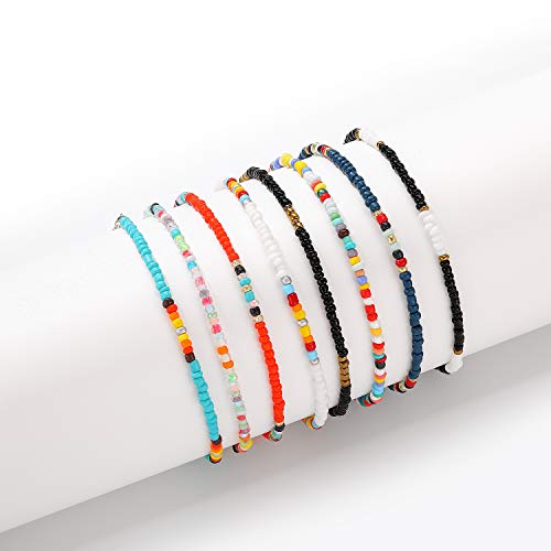 XIJIN 8Pcs Handmade Beaded Anklets for Women Boho Colorful Beads Ankle Bracelets Adjustable Foot Anklet Set - color: B