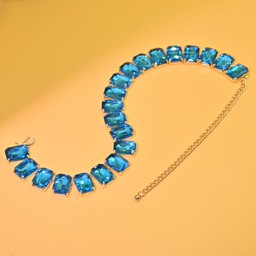 Fashionable Chunky Plated Tennis Rhinestone Statement Necklace Jewelry Set for Women Multicolor gem necklace with Great Sparkle and Shine Design for Women to Easy Match - color: lake blue square rhinestone