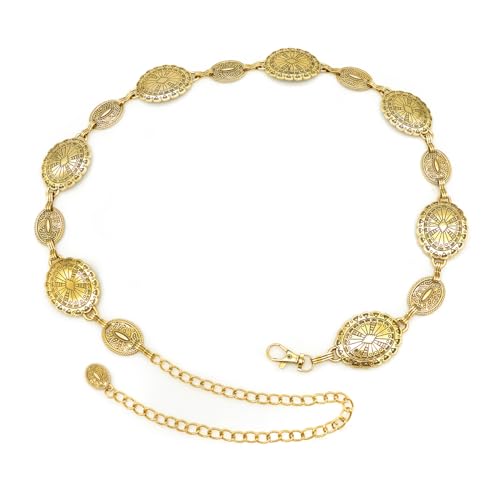 Women's Concho Chain Belt Western Cowgirl Metal Waist Chain Belt for Dress - color: C Gold, size: M: 47.2 in