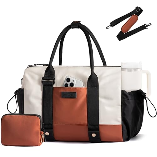 LOVEVOOK Small Gym Bag for Women with Yoga mat Holder, Mini Duffle Bag for Travel with Wet Pocket, Overnight Personal Item Bags, Lightweight Carry on Weekender Duffel for Workout, Dance, Ballet - color: Black-White-Brown, size: 14.5 inch-Small-2Pcs