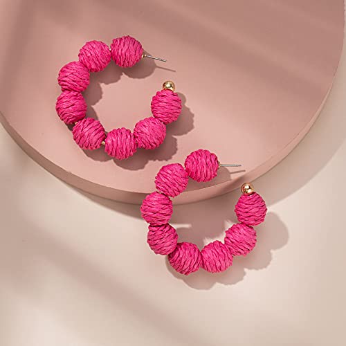 Raffia Hoop Earrings Statement Boho Beaded Earrings Cute Rattan Handmade Colorful Jewelry for Women Unique Summer Outfits - color: Rose