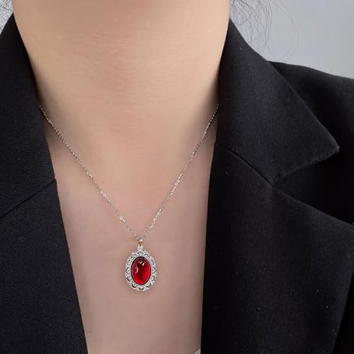 Vintage Oval Red Gemstone Pendant Antique Necklace for Women Goth Y2k Choker Punk Victorian Gothic Statement Crystal Cameo Oxidized Pewter Frame Charm Retro Clavicle Chain Halloween Party Jewelry 20'' - color: Red