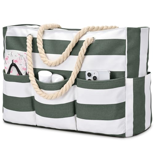 Becokan Beach Bags for Women Canvas Large Beach Tote Bag Zipper Waterproof Sandproof Foldable Swim Pool Bag with 7 Pockets - color: Army Green
