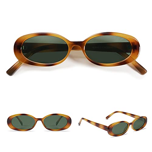 VANLINKER Polarized Retro Oval Sunglasses for Women and Men Small 90s Style VL9580 - color: C13 Amber Frame/Green Lens